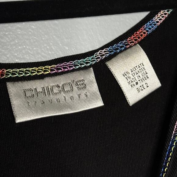 Chicos Travelers SZ 2 (12-14) Tank Black Rainbow Stitching Round Hem Slit Slinky - Picture 3 of 6